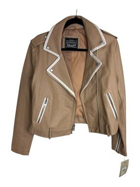 Levi's Tan Leather Moto Jacket with White Trim Accents